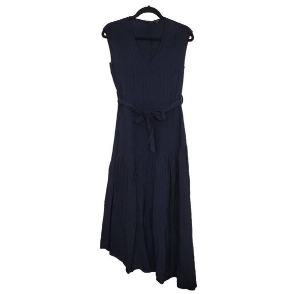 FRNCH Dresses & Skirts - FRNCH Paris Navy Blue Button Back Midi Dress Sz S Asymmetrical Hem Sleeveless